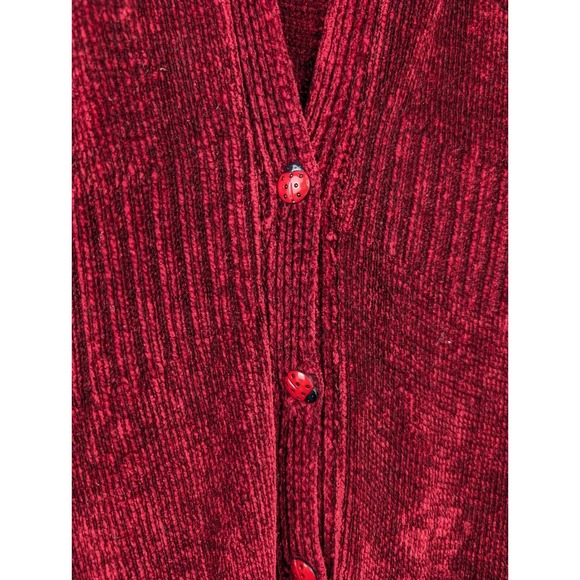 Vtg Ball Cotton Red Corduroy Button Long Sleeve Cardigan L Ladybug Cottagecore - Picture 3 of 12